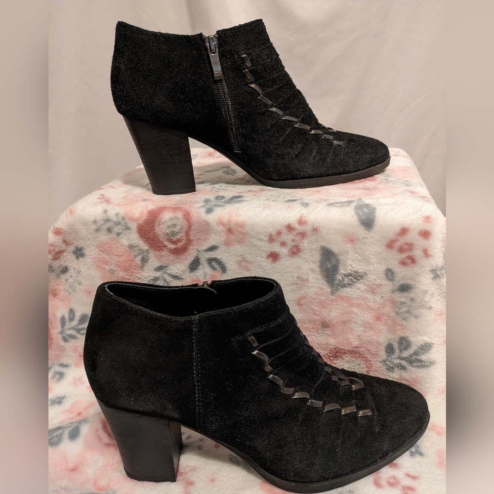 Franco Sarto Dimona Booties, Suede, Woven Leather,  Black, Size 8